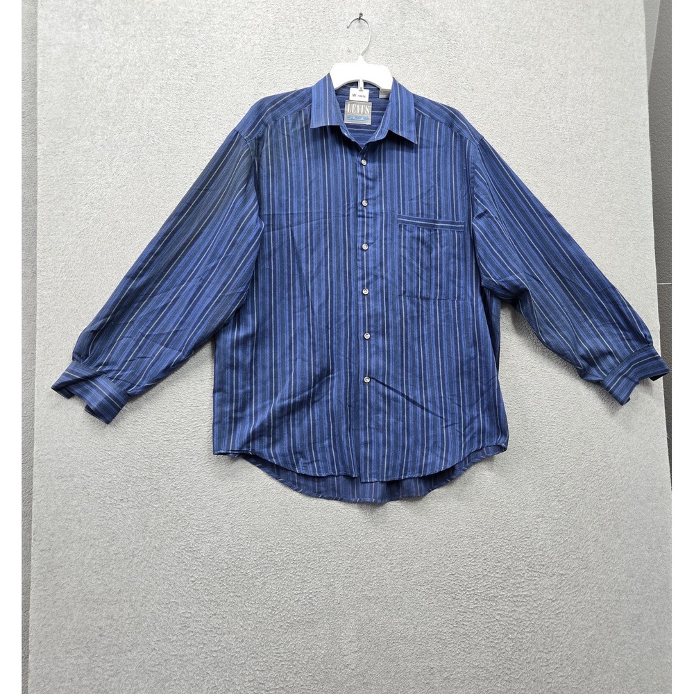 VINTAGE Levi's Men Button Up Shirt L Blue Striped Long Sleeve Casual Pocket